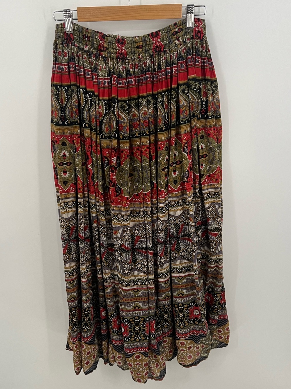 Vintage Basic Editions Red, Olive & Black Printed Floral Maxi Skirt